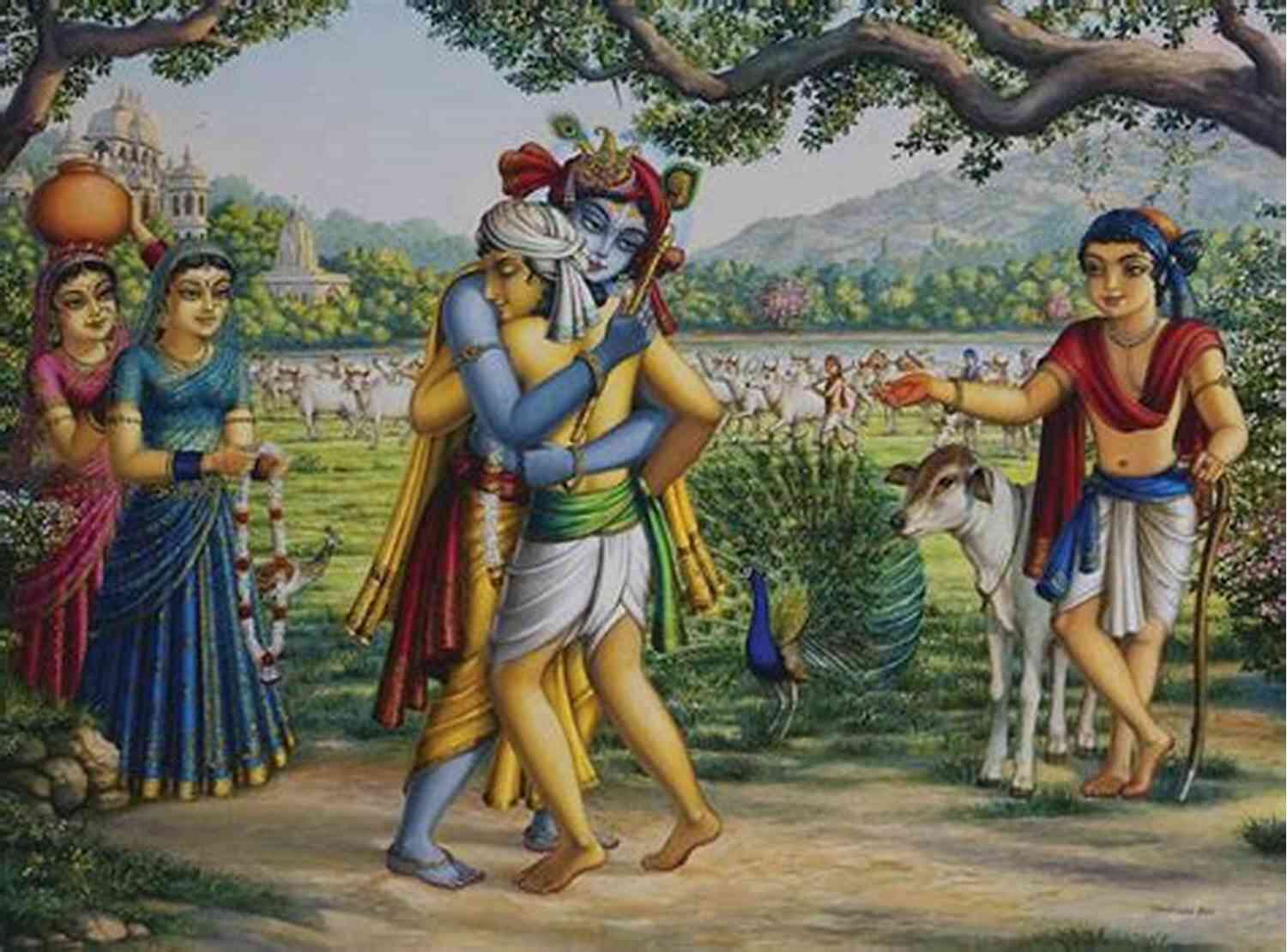 Krishna Playing With His Friends In Vrindavan, Surrounded By Colorful Flowers And Peacocks Beautiful Krishna (In Closing 10)