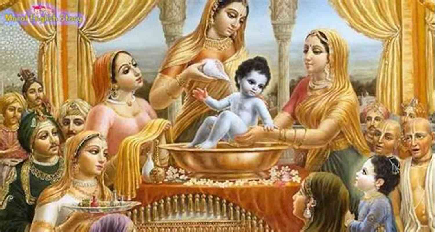 Krishna's Birth Depicted Amidst Celestial Celebrations, With Angels Showering Flowers Beautiful Krishna (In Closing 10)